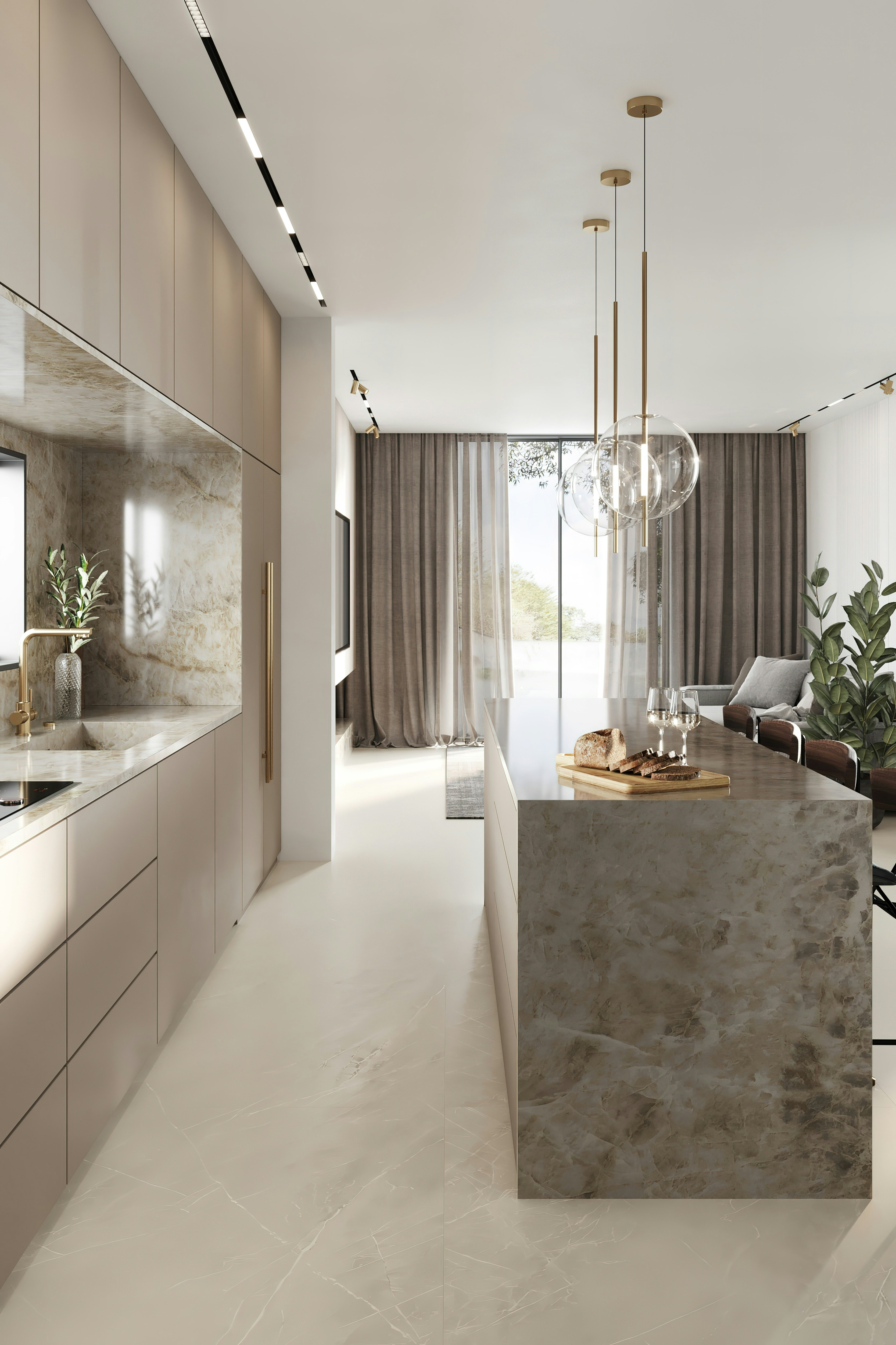 A modern kitchen interior with sleek cabinetry and a long marble-topped island. Pendant lights hang above the island, which features a tray with bread and glasses. Large windows with sheer curtains allow natural light to fill the space, accentuating the minimalist design and neutral color palette. Several potted plants add a touch of greenery.