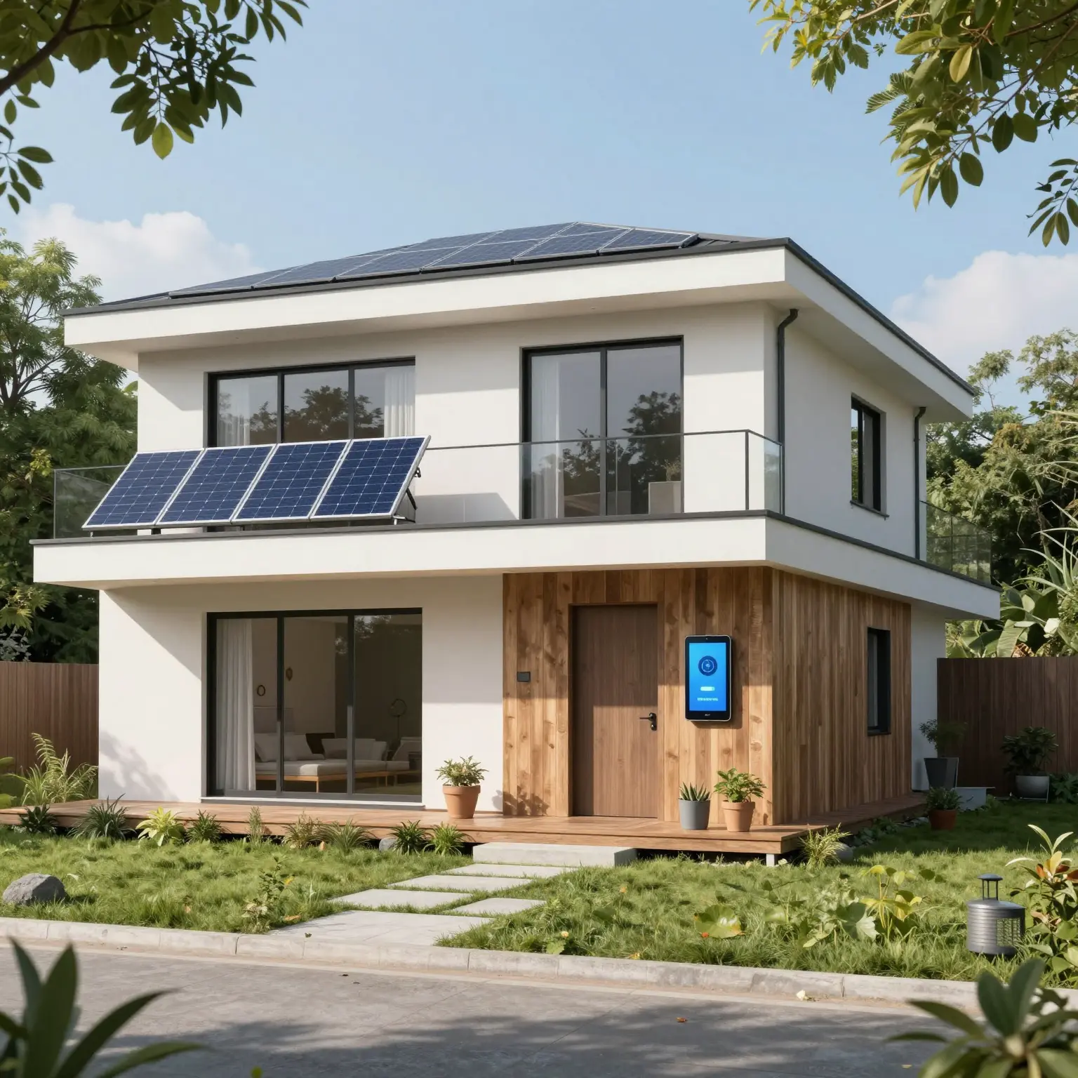 A modern luxury house showcasing innovative construction technologies, including solar panels, smart home features, and eco-friendly materials.
