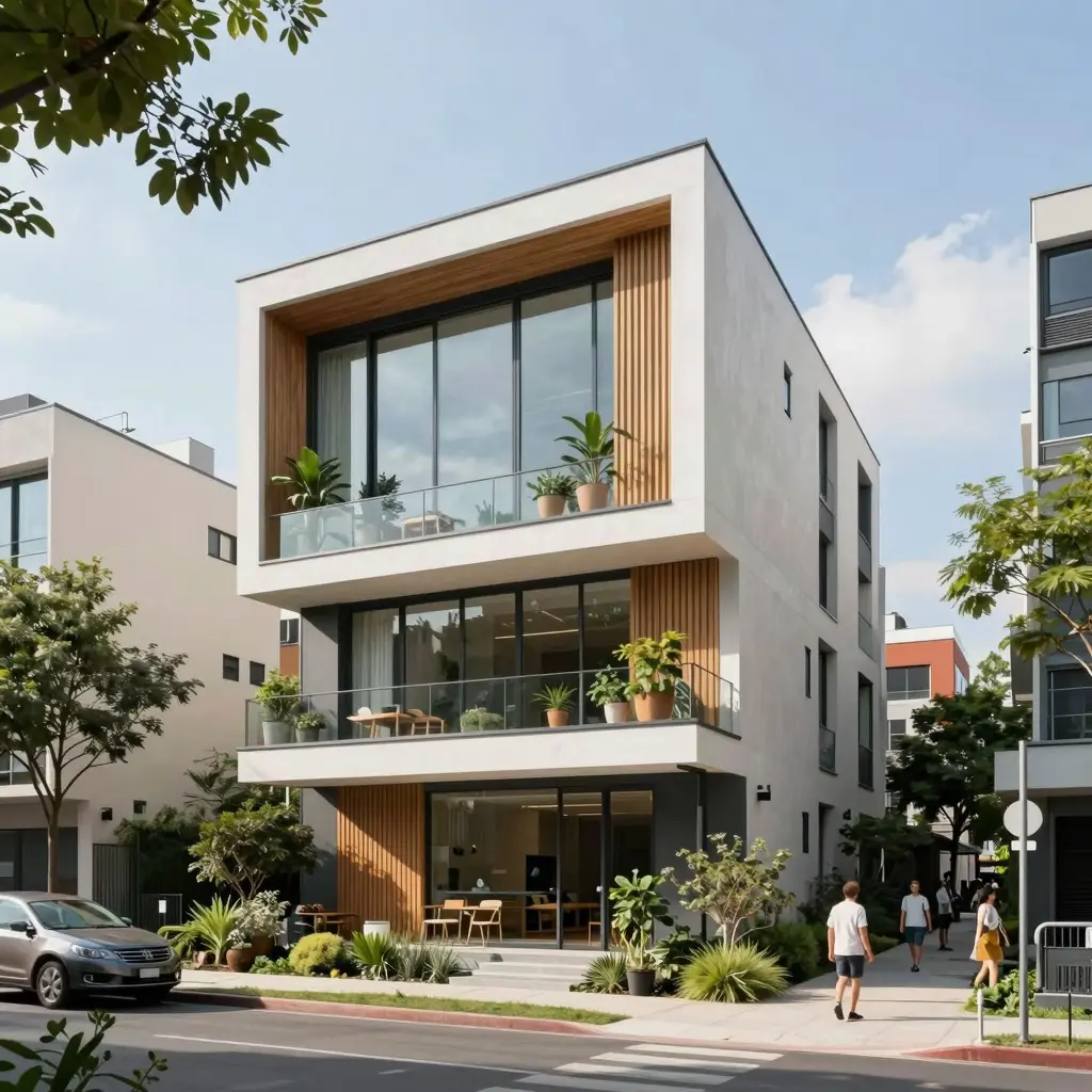 A modern urban setting featuring innovative Domus construction