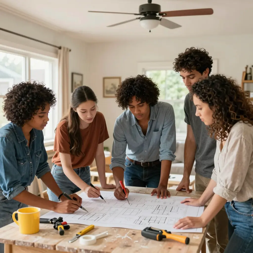 A diverse group of professionals collaborating on a home renovation project, depicting teamwork and community in a home interior.