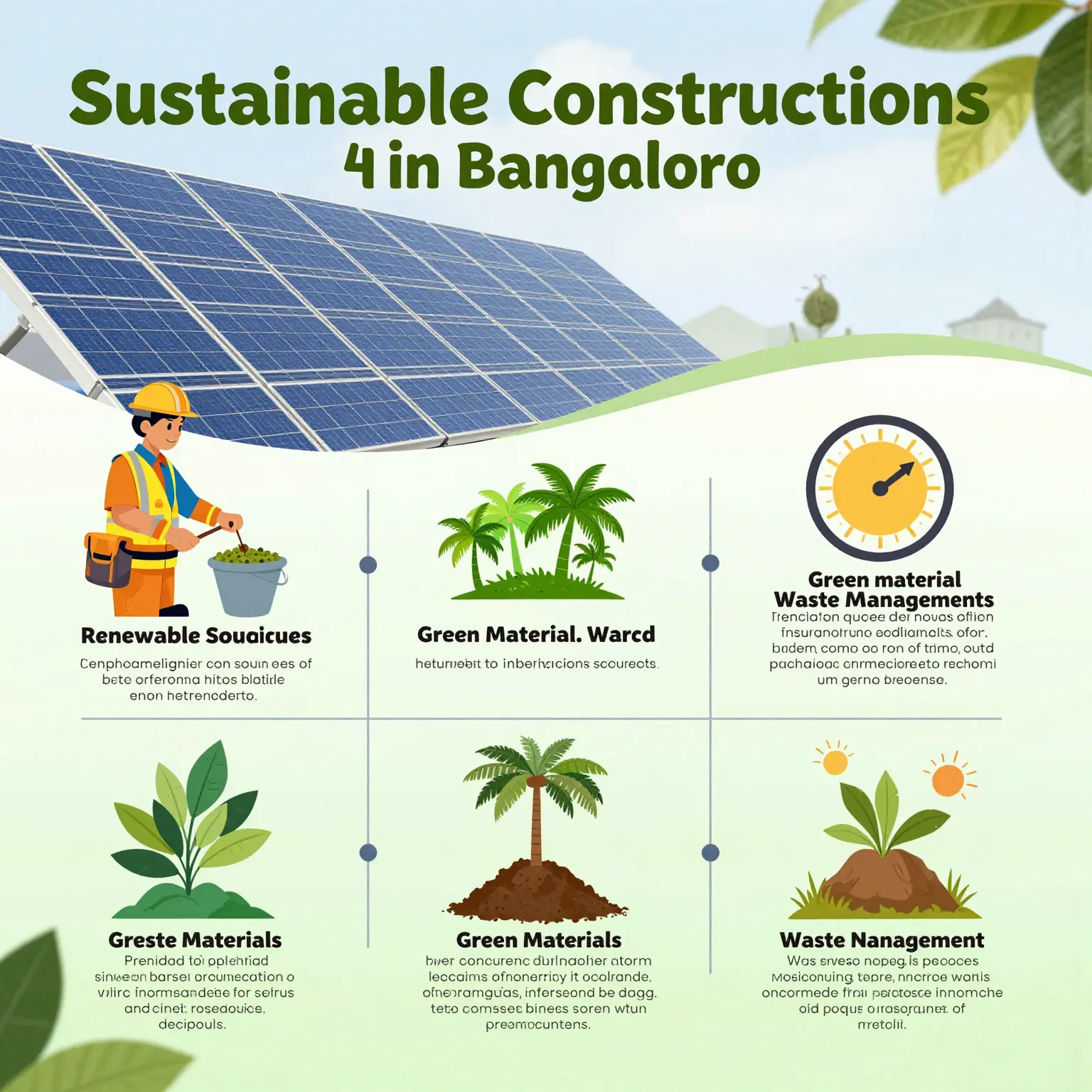 An infographic showcasing sustainable construction practices in Bangalore, including renewable energy sources, green materials, and waste management techniques.